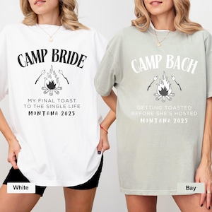 Benutzerdefinierte Lager Junggesellinnenabschied Shirt, Berg Braut Tee Lager, Wandern Brautparty Geschenke, Lager Themed Bach Party Tshirt, Mädchen Reise, Camping