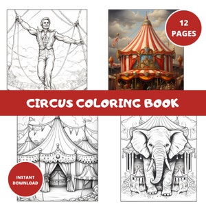 12 Grayscale Circus Coloring Book | Printable Adult Coloring Pages | Download Grayscale Illustration | Printable PDF file