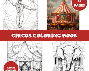 12 Grayscale Circus Coloring Book | Kolorowanki dla dorosłych do wydrukowania | Pobierz Grayscale Illustration | Plik PDF do wydrukowania