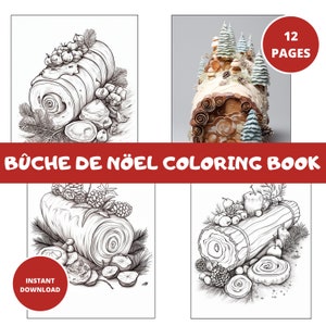 May include: A colouring book featuring four black and white illustrations of Yule log cakes, also known as Buche de Noel. The book has 12 pages and is available for instant download.