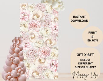 May include: A digital download of a floral backdrop featuring a watercolor design of pink and white flowers. The backdrop is 3 feet by 6 feet and can be printed at home or at a print shop. The text "INSTANT DOWNLOAD", "PRINT & ENJOY!" and "3FT X 6FT NEED A DIFFERENT SIZE OR SHAPE? Message Us!" is included in the image.