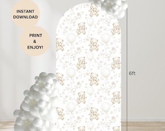 Cyfrowy plik tła z łukiem w kształcie misia | Dekoracja urodzinowa z misiem | Motyw Bearly Wait | Tło do druku 36"x72" | Neutralny baby shower
