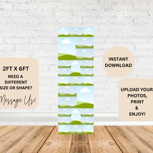 May include: A vertical landscape backdrop with a repeating pattern of green hills, blue skies, and white clouds. The backdrop is 2 feet wide and 6 feet tall. Text on the image includes "Instant Download" and "Upload your photos, print & enjoy!"
