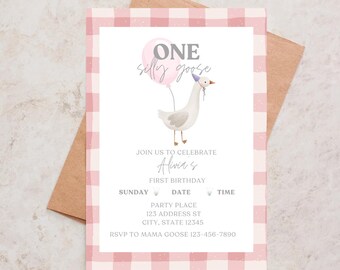 ONE Silly Goose Girl Birthday Invitation - Editable Digital File for First Birthday Party