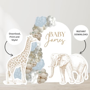 Recorte neutro de girafa e elefante Safari – Chinoiserie | Inspirado em Toile de Jouy | Arquivo Digital | Recortes DIY para impressão
