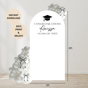 Toile de fond arche de remise des diplômes modifiable : décoration de fête noir et blanc (fichier à téléchargement numérique 36 x 72 po.)