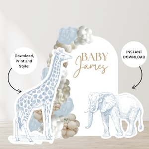 Blue Safari Giraffe & Elephant Cutout – Chinoiserie | Toile de Jouy-Inspired | Digital File | Printable DIY Cutouts