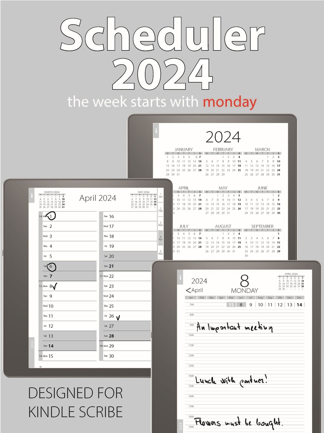 Scheduler 2024 Designed for Kindle Scribe monday NEW Etsy