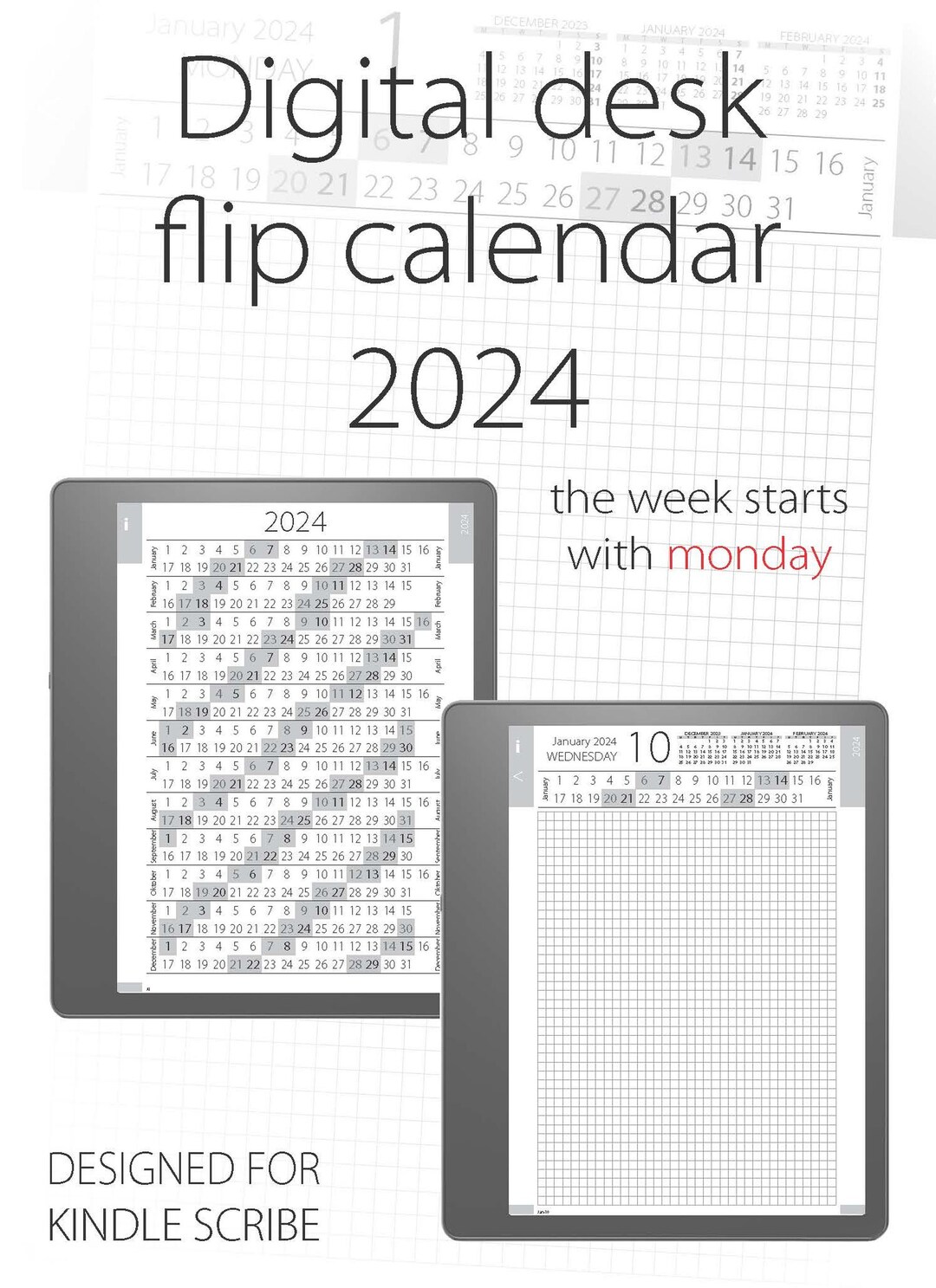 Desk Flip Calendar 2024 Designed for Kindle Scribe monday Etsy