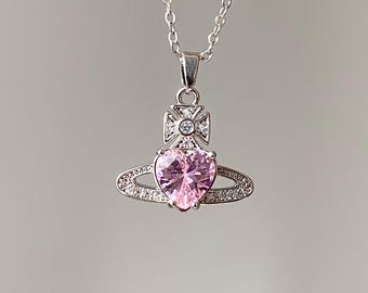 Saturn Heart Pink Detailed Zircon Necklace