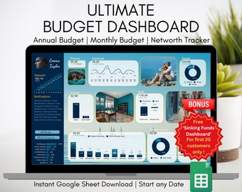 Budget Planner for Google Sheets, Monthly Budget Spreadsheet, Annual Budget spreadsheet, personal finance dashboard, networth tracker