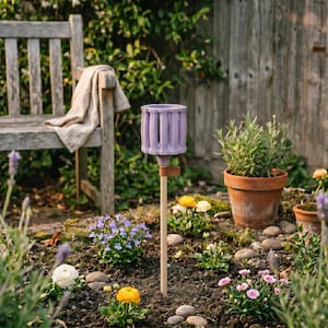 May include: A lavender-colored outdoor torch with a wooden stake, set in a garden bed. The torch has a cylindrical design with vertical slats. The garden features various flowers, plants, and a wooden bench in the background.