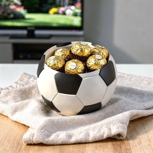 May include: A soccer ball-shaped container, black and white, filled with gold-wrapped chocolate candies. The container sits on a beige cloth, with a television in the background.