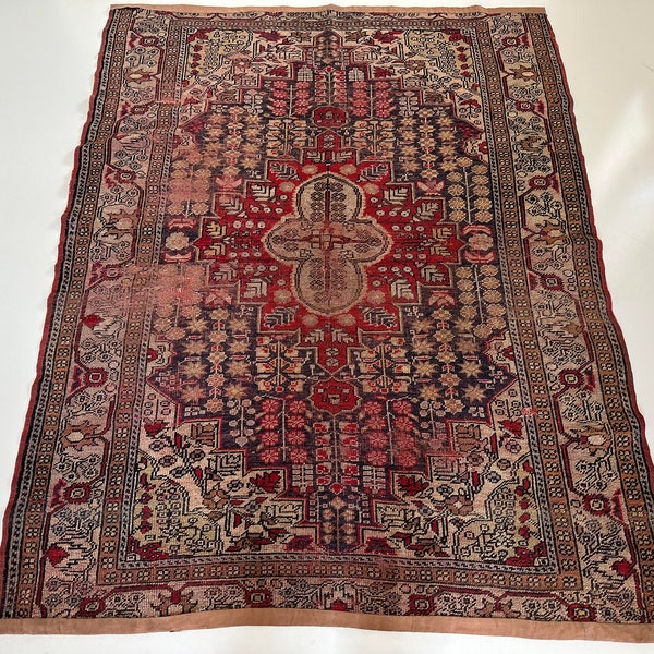 Persian rug, Vintage rug, Antique rug, Worn rug, Distressed rug, Oriental rug, Area rug, Medallion rug, Faded rug, Wool rug, 5x6 ft