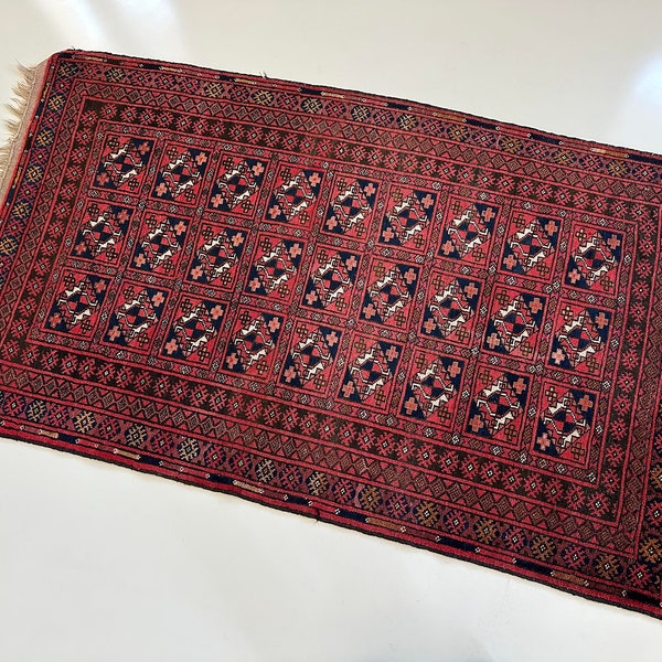 Afghan Small rug, Vintage rug, Small red rug, Antique rug, Old rug, Traditional rug, Handmade rug, Wool rug, 3x5 ft