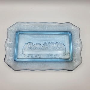 Vintage Indiana Glass Tiara Blue The Last Supper Tray Glass Dish 11&quot;x7&quot; Lord&#39;s