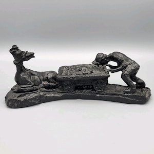 JGK Specialty Figurine Crafted From Coal 9&quot; Coal Miner Pushing Cart With Donkey