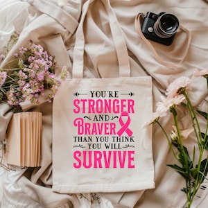 Breast Cancer Tote Bag, Cancer Survivor Gift, Cancer Warrior Gift, Pink Ribbon Canvas Tote, Gift For Cancer Fighter, Strong Woman Bag