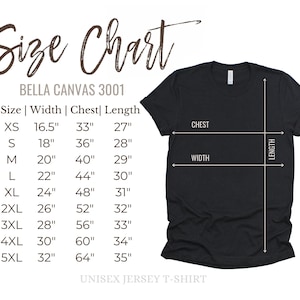 Puede incluir: Tabla de tallas para camisetas de jersey unisex Bella Canvas 3001. La tabla muestra las medidas de talla, ancho, pecho y largo en pulgadas para las tallas XS a 5XL.