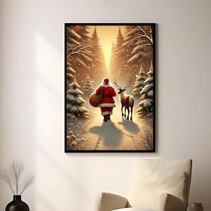Novo! Impressão de arte de parede de rena de Papai Noel | Neve na floresta no inverno | Decoração de casa de Natal para impressão | Download digital