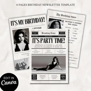 New! Canva Birthday Party Invite Newspaper Template| Editable Newspaper Birthday, Large Newspaper Template| Newspaper For Photoshoot