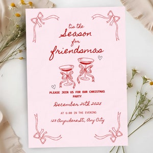 New! Editable Friendsmas Christmas Party Invitation Template | Whimsical Hand Drawn Festive Cocktail Xmas | Holiday Invite |