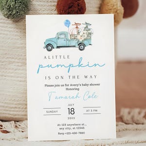 New! Editable Blue Little Pumpkin is On the Way | Editable Baby Shower Invitation | Baby Shower Invite | Blue Pumpkin Printable Invite |