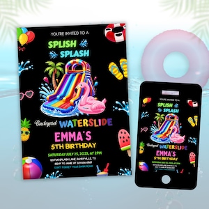Editable Waterslide Birthday Invitation | Summer Pool Party | Splash Birthday Evite  | Water Slide Bash Modern Canva Template Boy & Girl