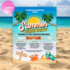 New! Editable Beach Theme Teacher & Staff Appreciation Summer Beach PArty Flyer Canva Template Schedule Printable
