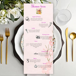 Nouveau ! Carte modifiable Simanim pour Roch Hachana |  Imprimable en hébreu et en anglais | Menu doux pour les bénédictions du Nouvel An juif | Table à jeux de cartes |Pomme miel