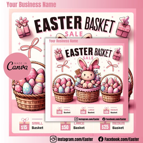 NEW! Editable Canva March Easter Basket Flyer Template | Easter Bunny | Easter Bow |
