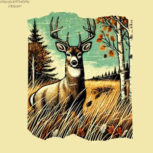 Deer Hunting Clipart, Autumn Forest Wildlife Scene, Rustic Outdoorsman Design, Fall Sublimation PNG for Hunting Season Apparel