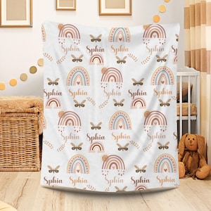 Manta de bebé personalizada con arcoíris boho con nombre, regalo de cumpleaños único para niña, regalo de baby shower, arcoíris, manta de bebé de estilo boho personalizada