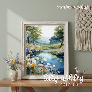 Serene Landscape Wall Art Print 8x10 • Peaceful Garden Water Scene Cottagecore Nature Artwork • Tranquil Meadow Decor • Botanical Landscape