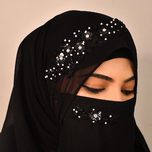 Black luxury wedding bridal hijab with matching naqab