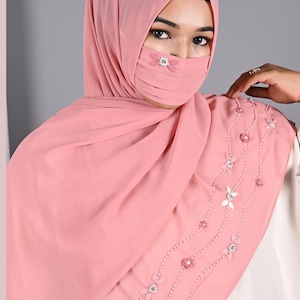 Pink  luxury wedding bridal hijab with matching mask