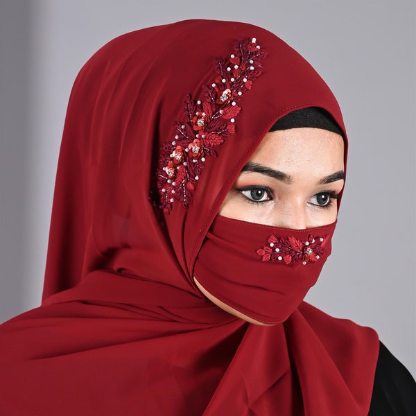 Maroon wedding bridal hijab with matching naqab