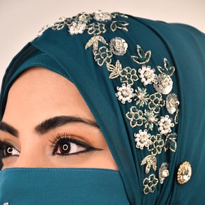 Teal  handwork  wedding bridal hijab with matching mask