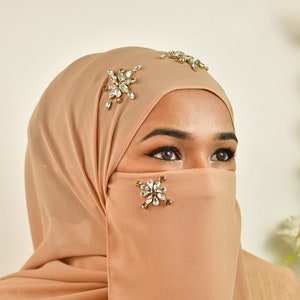 Beige Rhinestone luxury wedding bridal hijab with matching naqab