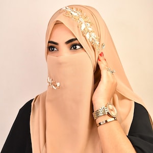 Beige luxury wedding bridal hijab with matching mask