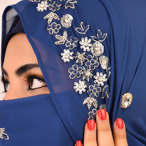 Blue Handwork  luxury wedding bridal hijab with matching naqab
