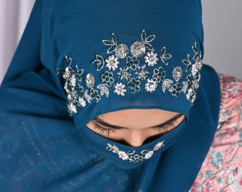 Teal  handwork  wedding bridal hijab with matching mask