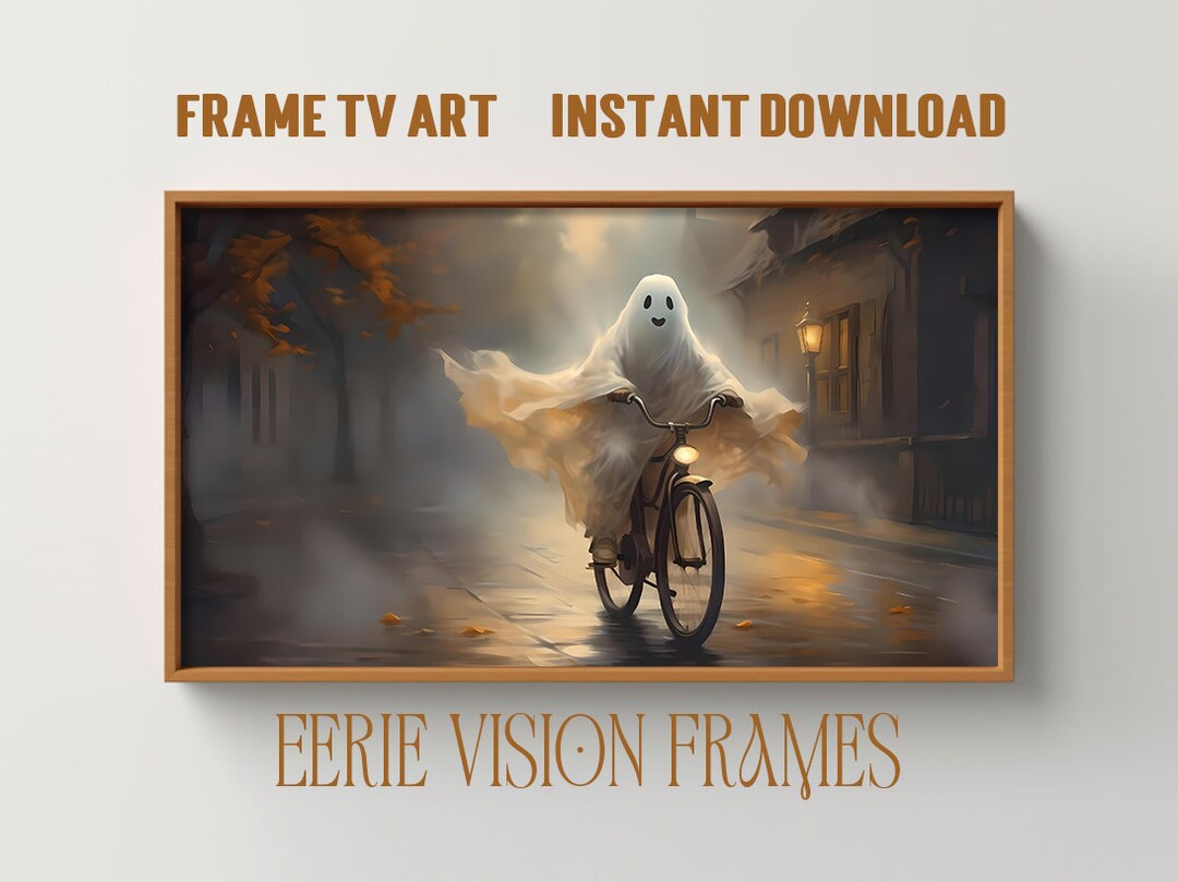 Samsung Frame TV Halloween Art. Ghost in a Bicycle. Digital Etsy