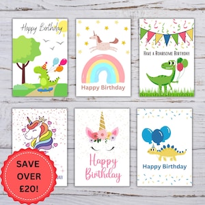 Kids Birthday Cards Multipack, 18 x A6 Dinosaur and Unicorn cards, Assorted birthday cards Multipack, girls/boys birthday cards