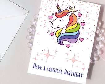 Tarjeta de cumpleaños de unicornio con diseño de arcoíris mágico