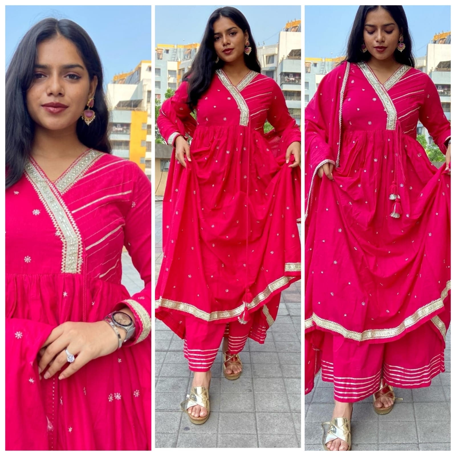 Designer Printed Angrakha Style Anarkali Cotton Kurta With Dupatta and Pant  Set, Jaipuri Style Pom Lace Kurti With Pant Set, Gift for Her, 