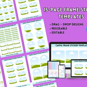 15-Page Canva Sticker Frame Template, Planner Sticker Pack, Digital Stickers, Canva Frame Sticker Template Bundle, Printable Sticker Pages