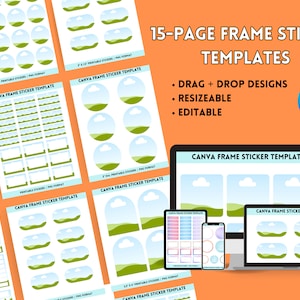 15-Page Canva Sticker Template, Planner Sticker Template, Digital Stickers, Canva Frame Sticker Template Bundle, Printable Sticker Sheet