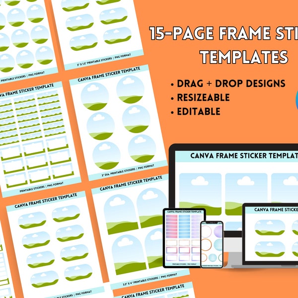 Modèle de cadre avec autocollants en toile de 15 pages, lot d'autocollants pour agenda, autocollants numériques, lot de modèles de autocollants pour cadre en toile, pages d'autocollants imprimables