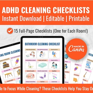 Lista de verificação de limpeza para TDAH editável de 15 páginas, cartões de rotina visual, tabela de tarefas personalizada, lista de tarefas para adultos, lista de verificação visual diária para neurodivergentes